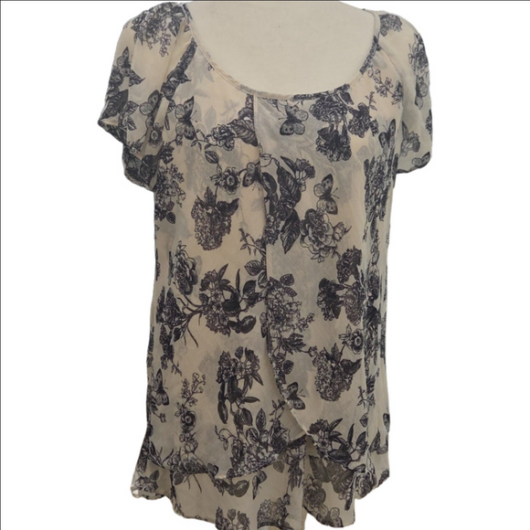 Floral Chiffon Bohemian Careerwear Flowy Lightweight Blouse - Cream Black XL - Picture 2 of 7
